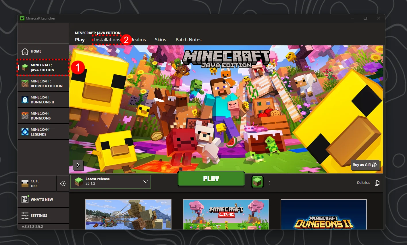 Select Java Edition on the right and then click on Installations